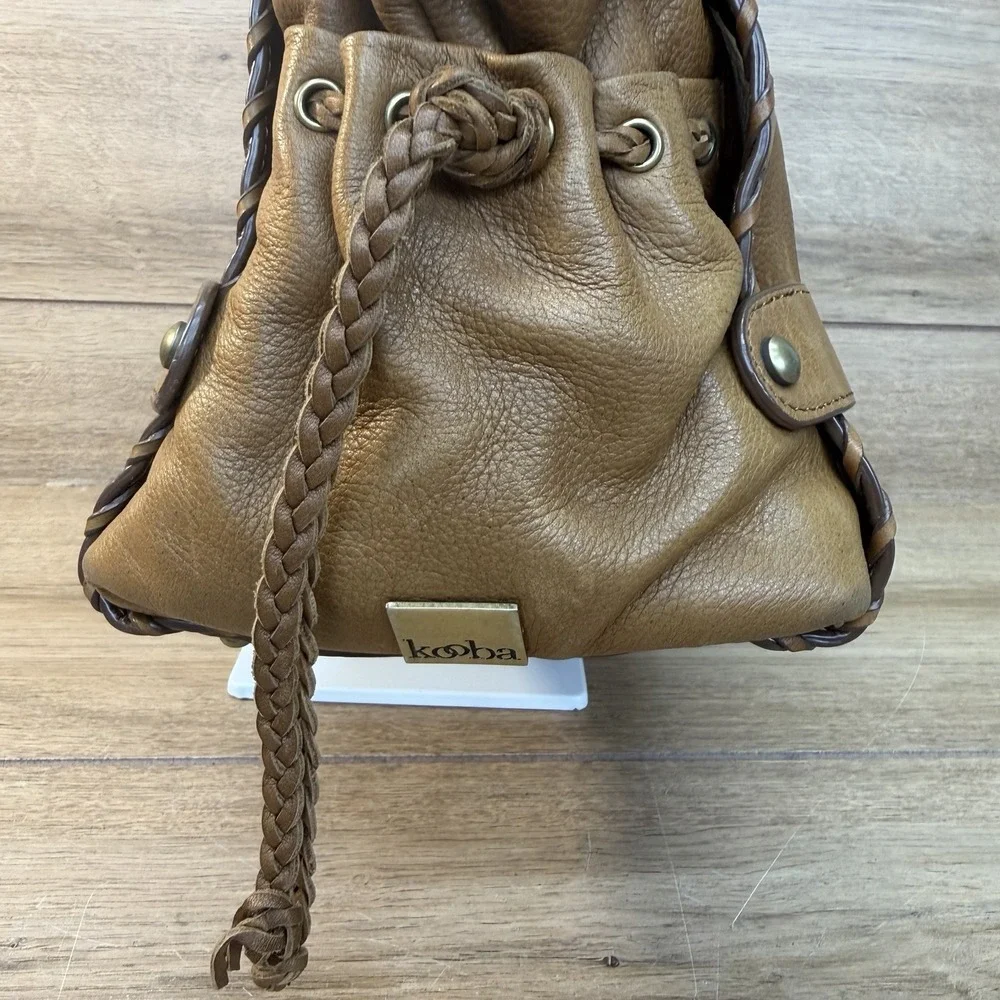 Kooba Sienna Leather Satchel Handbag Tan Whipstitch Braided Hobo Bag Vintage Y2K
